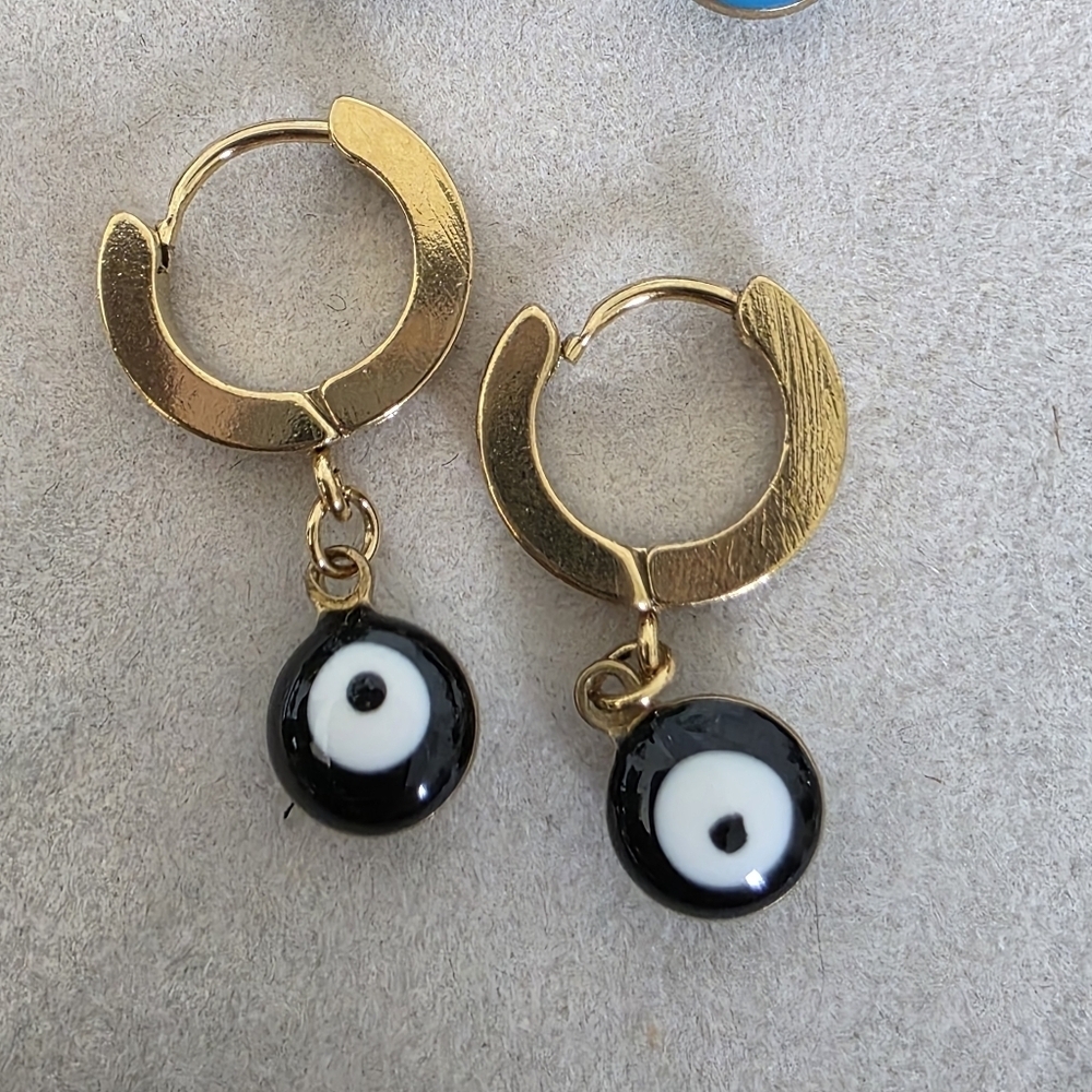 Gold Stainless Steel Huggie Hoop Earrings with Evil Eye Charm - Picture 12 of 17